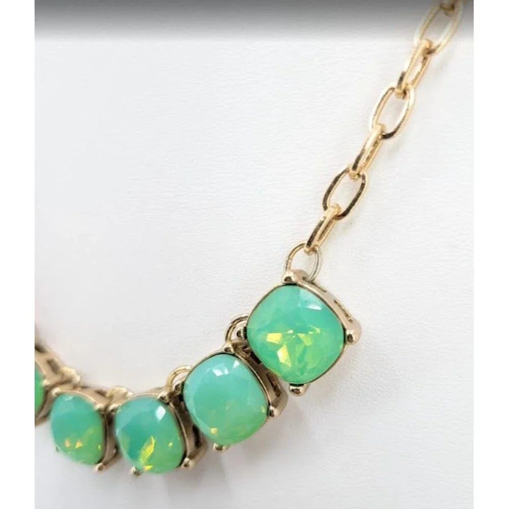 Express Aqua Opalescent Statement Necklace Gold Tone Green Faceted 9 Stone Bib